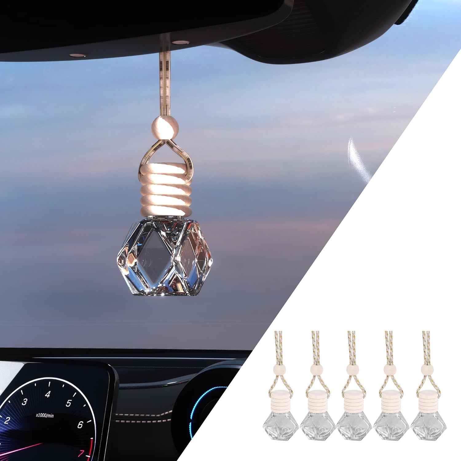 5PCS Hanging Car Air Freshener, Auto Interior Decoration 8 ml Oil Diffuser Perfume Aromatherapy Pendant Empty Glass Bottle, Fragrance Ornament with Vent Clip Wooden Cap and Rope (5, Rhombic)