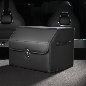 Trunk Organizer, Black Genuine Leather Storage Box, with Lid, Foldable Fiberboard Material