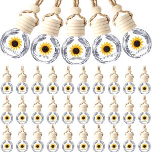 50 Pcs Hanging Car Air Freshener Car Diffuser Bottles Empty Glass Perfume Bottle Freshener Diffuser Bottle Pendant for Essential Oil Fragrance Aromatherapy Bottle Ornament(Clear,Sunflower)