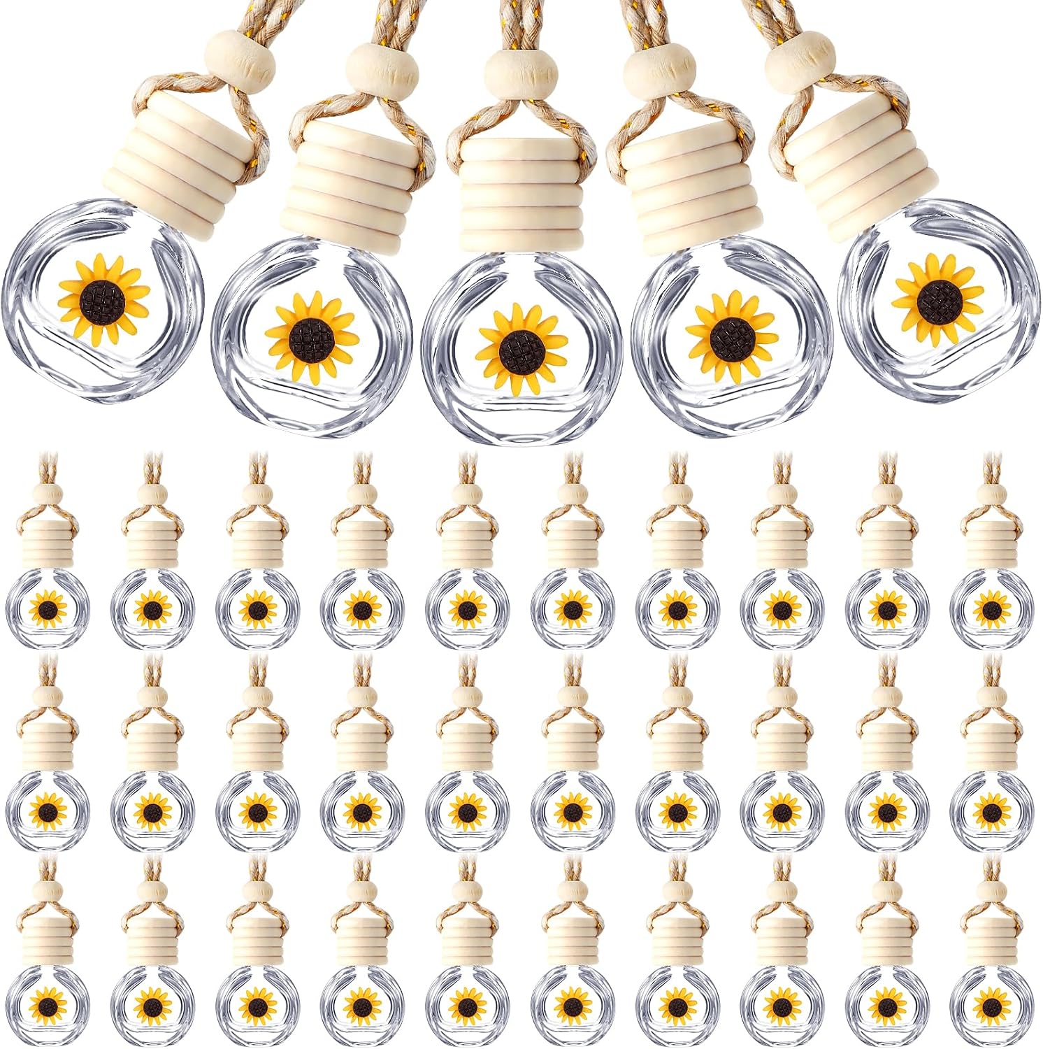 50 Pcs Hanging Car Air Freshener Car Diffuser Bottles Empty Glass Perfume Bottle Freshener Diffuser Bottle Pendant for Essential Oil Fragrance Aromatherapy Bottle Ornament(Clear,Sunflower)