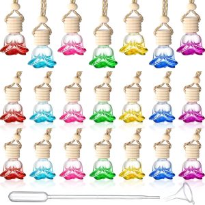 20 Pcs Car Essential Oil Diffuser Hanging Bottle Air Freshener Car Perfume Diffuser Empty Glass Bottle Refillable Aromatherapy Fragrance Bottle Pendant Auto Interior Ornament (Rose Style)